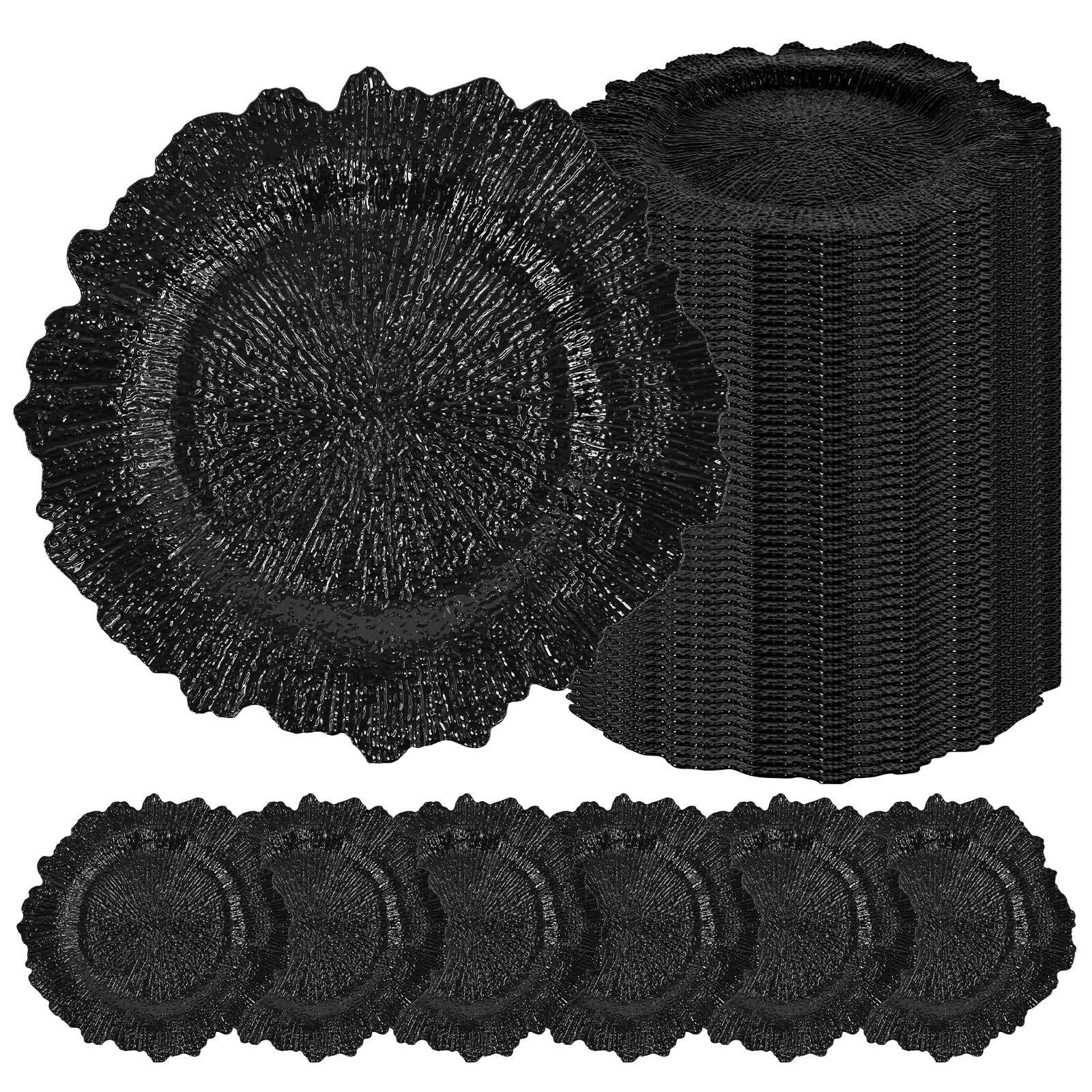 Photo 1 of 50 Pcs Black Charger Plates Bulk 13 Inch Plastic Charger Plates for Dinner Plate, Black Chargers for Table Setting, Reef Design Plate Floral Decorative Round Chargers for Wedding Party, Event