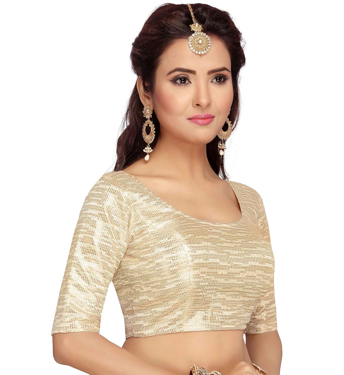 studio shringaar golden readymade saree blouse with elbow length sleeves