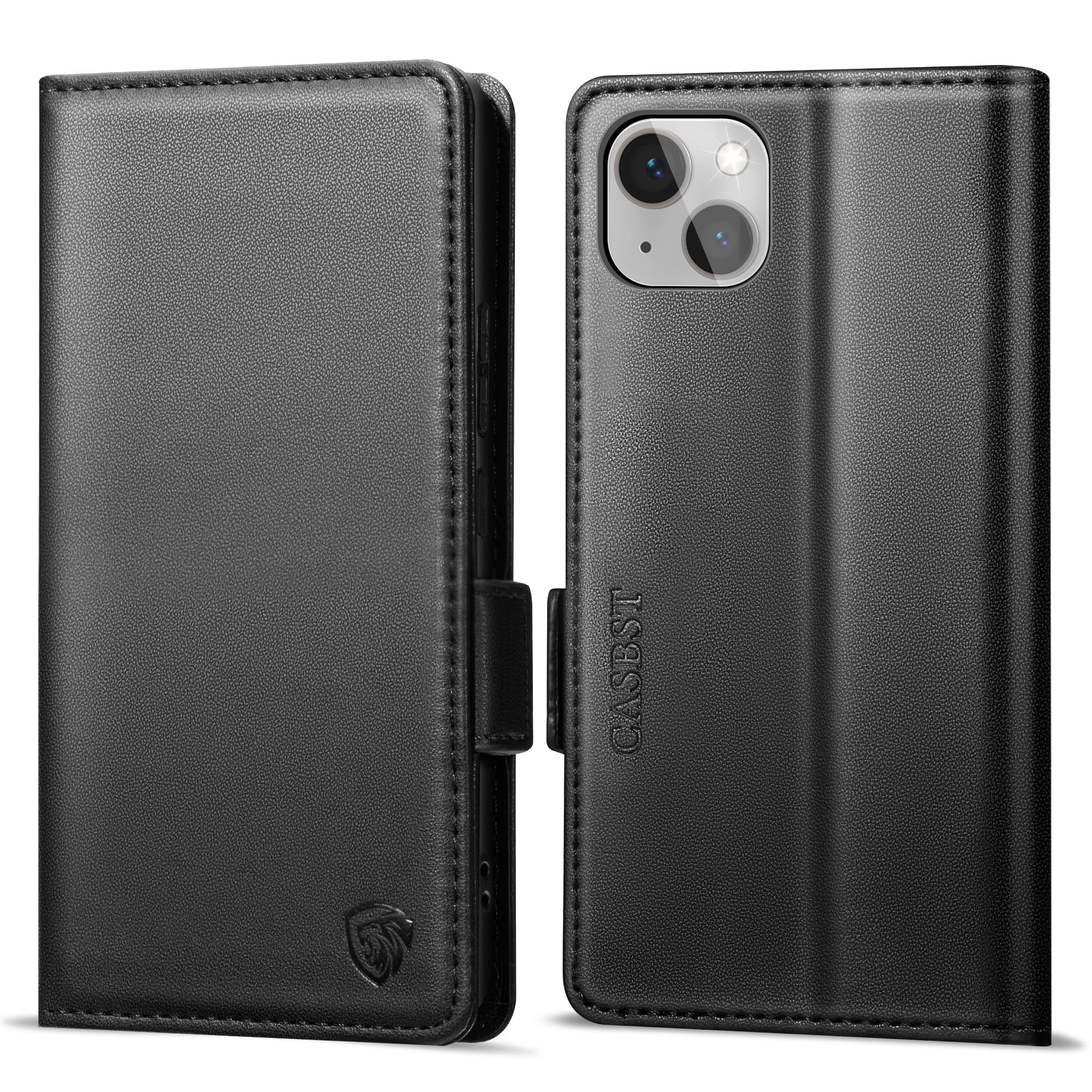 CASBST Handyhülle für iPhone 15 Hülle Premium Leder Schutzhülle Klappbar mit Kartenfach Ständer Magnet für iPhone 15 Handytasche mit RFID Kameraschutz Flip Case Klapphülle für iPhone 15 Schwarz