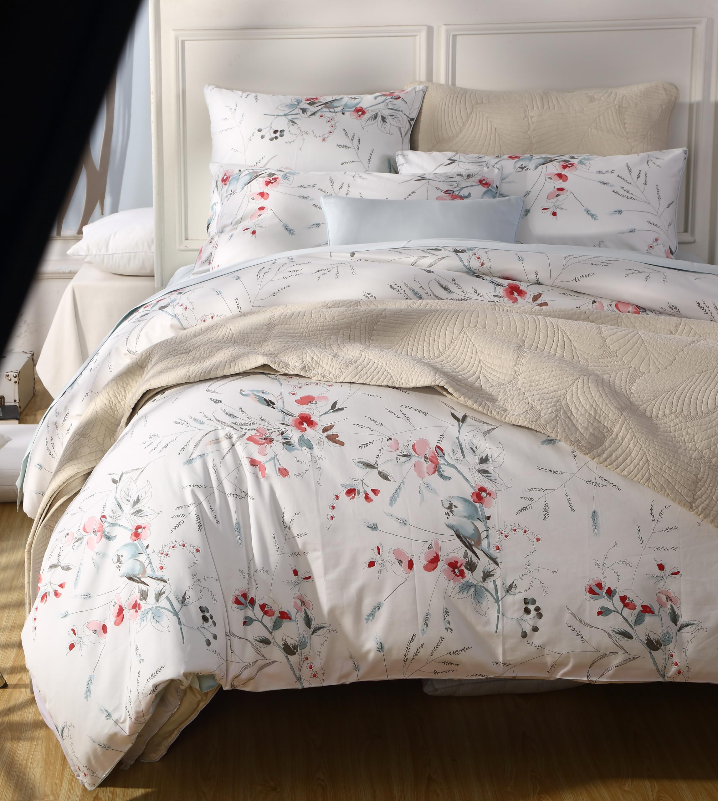 USTIDE 3-Piece Double Size Duvet Cover Set - 100% Egyptian Cotton, Rustic Floral Bird Bedding, Elegant All-Season Home Decoration
