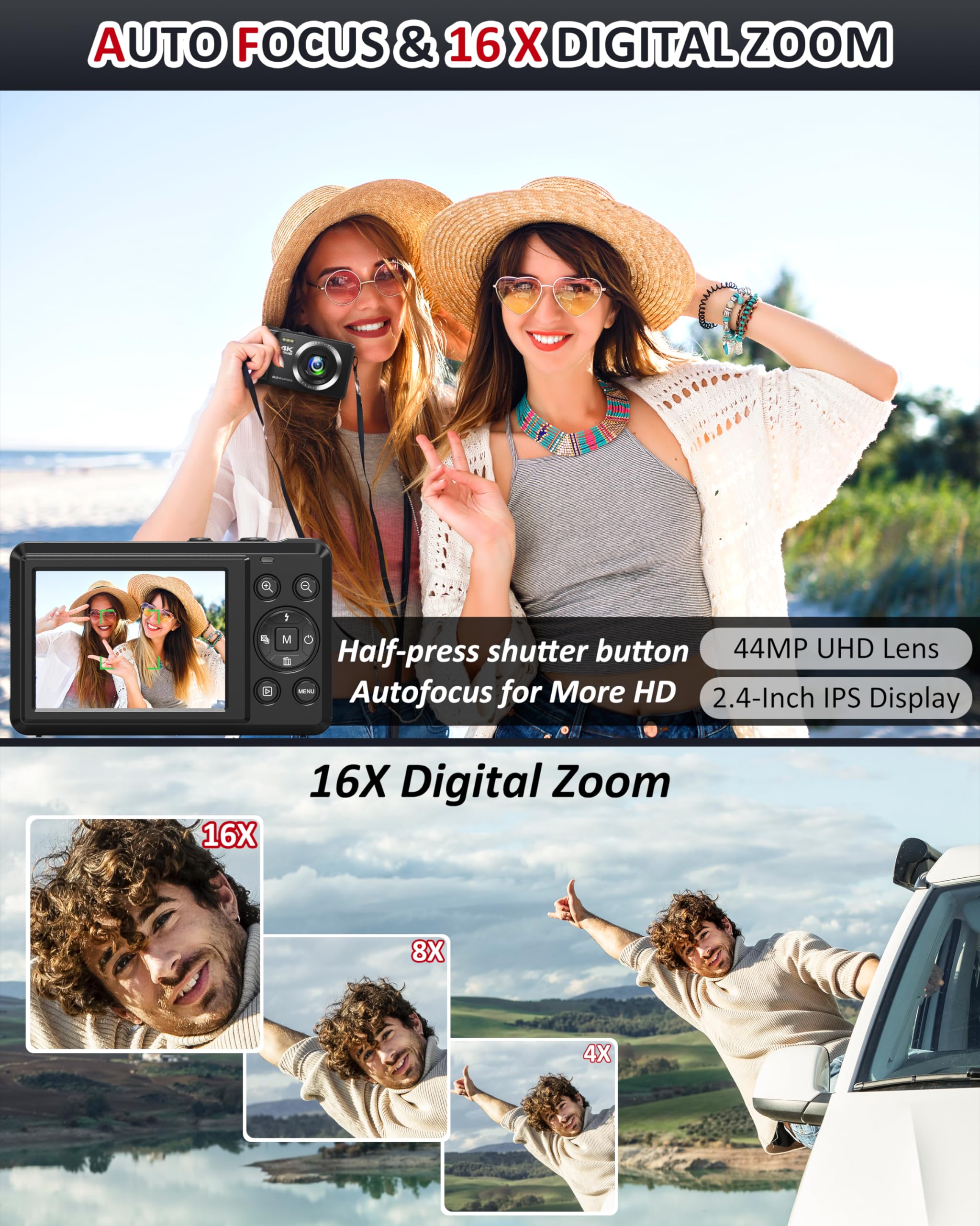 Digital Camera - 4K 44MP UHD Digital Cameras for Photography - Autofocus Point and Shoot Vlogging Camera with 16X Zoom, 32GB SD Card, 2 Batteries - Compact Small Cameras for Kids Teens Boys Girls