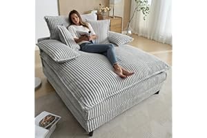 DAMAIFROM Oversized Chaise Lounge Chair Indoor with Adjustable Backrest, 57"Wx 60"D Comfy Corduroy Sleeper Chaise Fluffy Plush Upholstered Sofa Bed Reading Cloud Couch Chairs for Living Room, Bedroom, Grey
