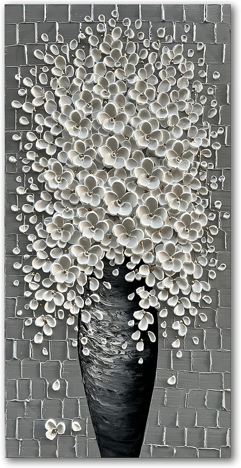 Paintings - Epicler 40x20 inch hand-painted 3D white flower art oil painting, modern flower oil painting wall, contemporary abstract oil painting home decoration