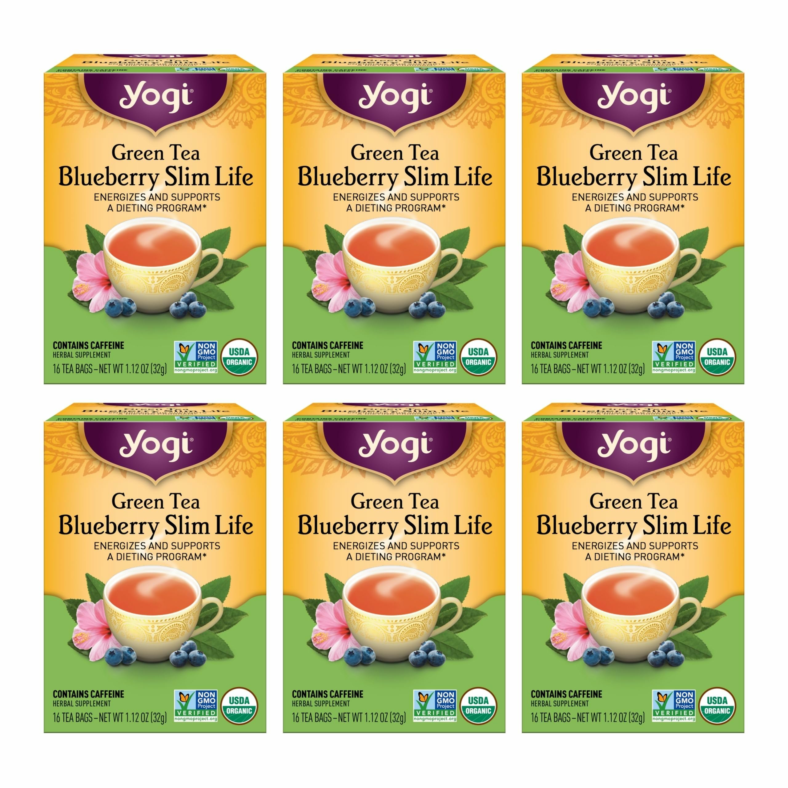 Yogi Tea Green Tea Blueberry Slim Life Tea - 16 Tea Bags per Pack (6 Packs) - Organic Tea to Support Stamina & Energy - Includes Green Tea Leaf, Bilberry Leaf, Hibiscus Flower, Blueberries & More.