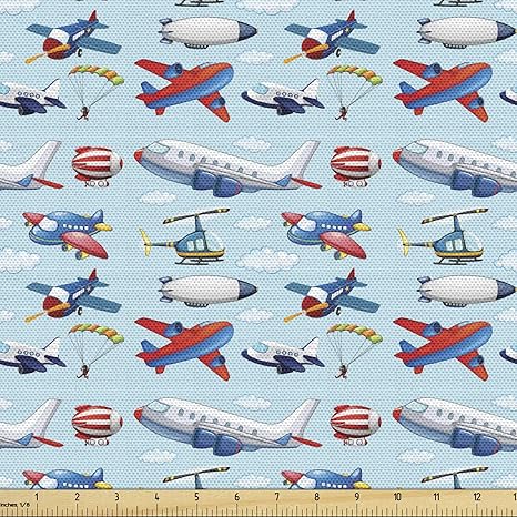 Amazon Ambesonne 飛行機ファブリック The Yard 空に浮かぶマンガの飛行機 様々な種類の飛行機 空のダイビングの人々 室内装飾や家のアクセントに 3ヤード ブルーレッド テーブルクロス オンライン通販