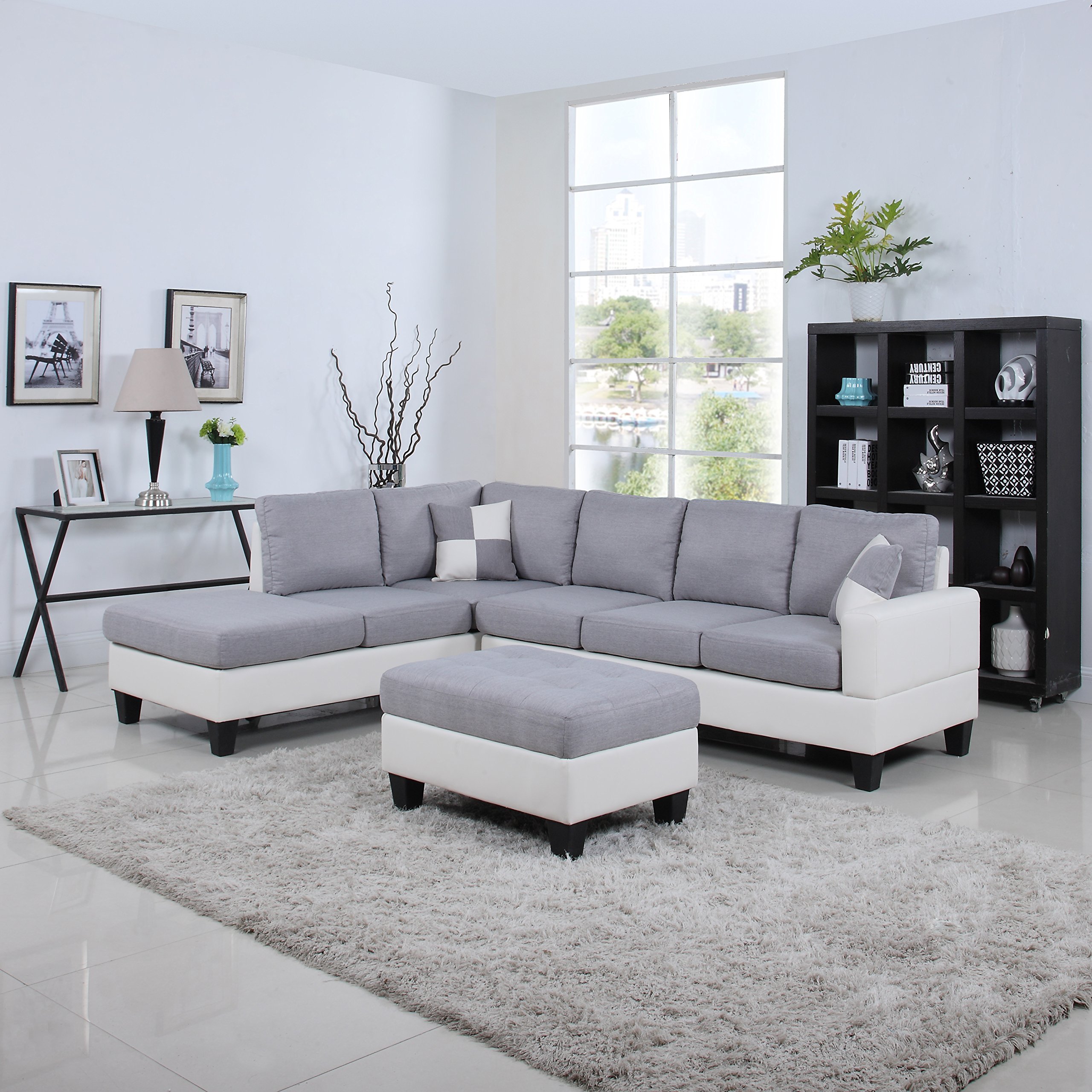 Classic Two Tone Large Linen Fabric and Bonded Leather Living Room