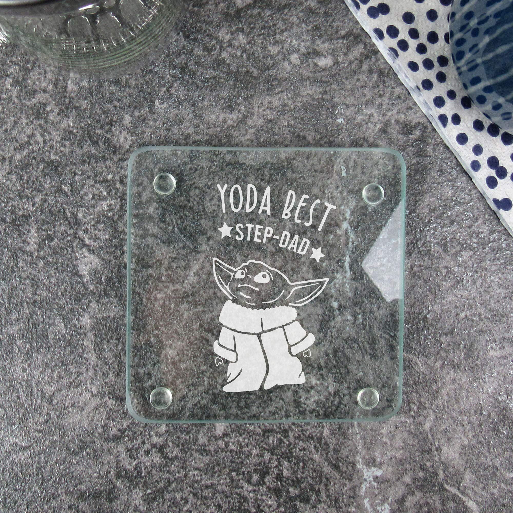 eBuyGB Personalised Square Glass Coaster, Engraved Baby Yoda Coaster, Star Wars Themed Drinks Mat, Funny Gifts for Him (Yoda Best Step-Dad)