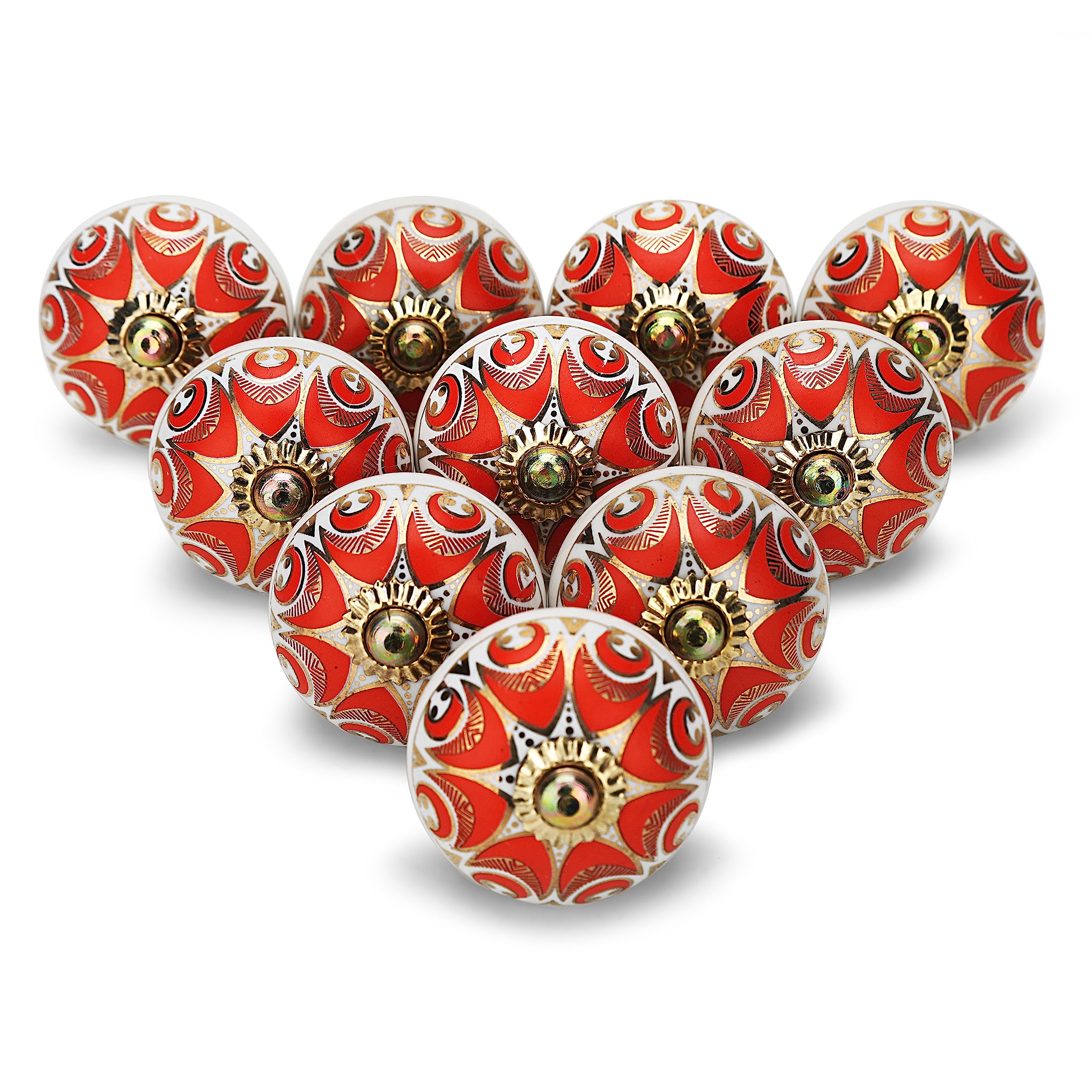 FURNISHFUL FINESSE Knobs for Cabinets and Drawers - Door Knobs for Cupboards Assorted Hand Painted Door Pull Handles for Dresser Kitchen Wardrobes Boho Home Interior Decor - Red -Pack of 10