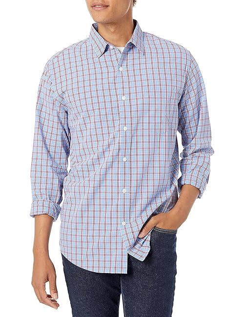 Amazon Essentials Men's Regular-Fit Long-Sleeve Casual Poplin Shirt, Light Blue Red Plaid, X-Small