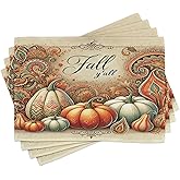 Ambesonne Fall Y'all Place Mats Set of 8, Pumpkins and Paisley Inspired Ethnic Motifs Classic Autumnal Design, Washable Fabric Placemats for Dining Table, Placemat 8 pcs, Orange Cadet Blue Tan