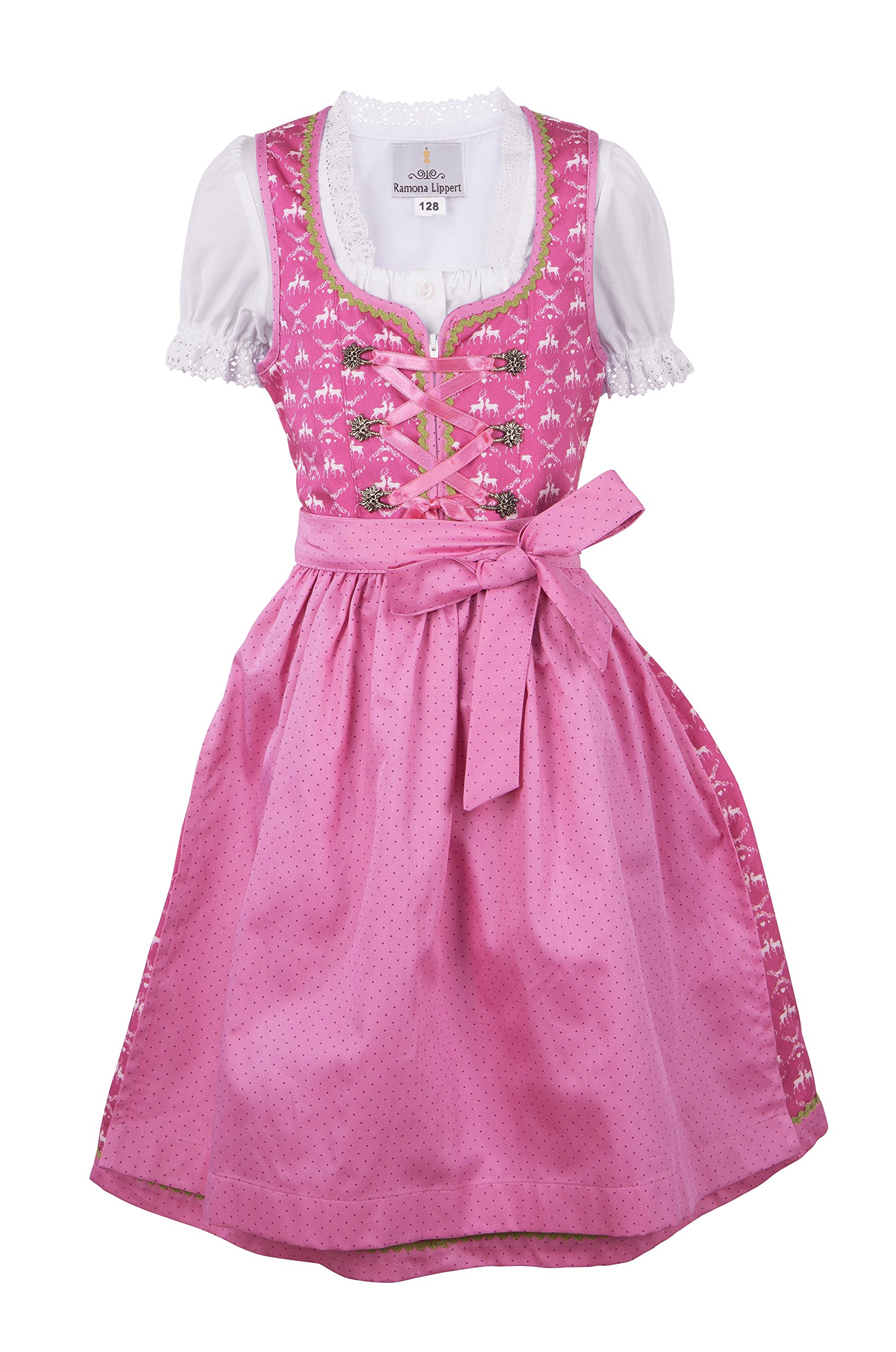 Ramona Lippert® Children's Dirndl Lia, Pink - 3-Piece Costume Dress Dirndl for Girls, pink, 110-116 cm
