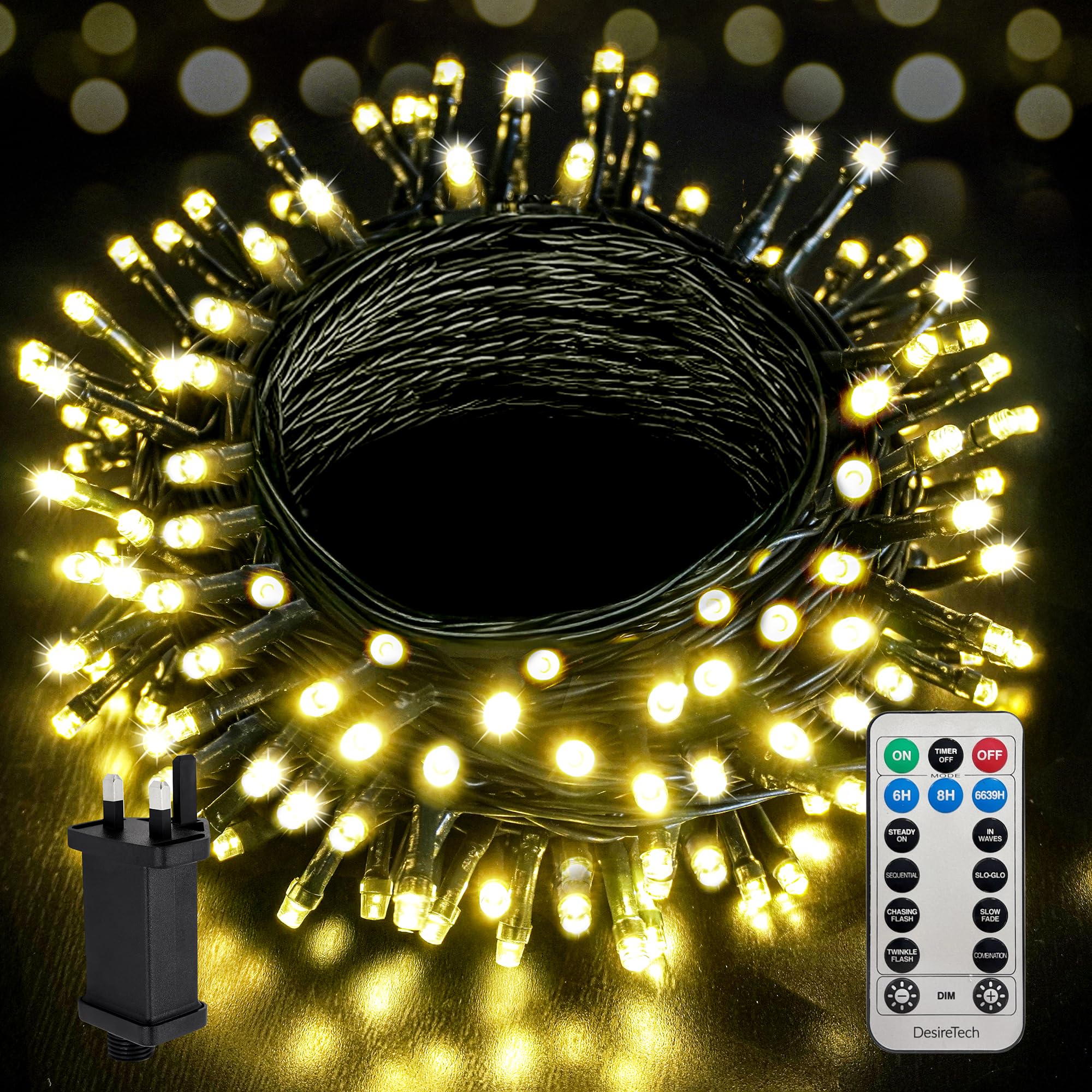 Desiretech - LED Plug-in Christmas Lights - Waterproof Holiday String Lights with Remote, 8 Modes, Timer for Christmas Trees, Garlands, Wreaths and Festive Decor, Dimmable (Warm White, 30m / 300 LED)