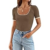 ZESICA Women's Short Sleeve Square Neck Color Block T Shirt 2026 Summer Slim Fit Ribbed Knit Basic Tee Tops