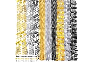 Sasylvia 102 Pcs Happy New Year Beads Necklaces 2026 Black Silver Gold Beads Necklaces Assorted 2026 New Year's Eve Necklace Decorations for Anniversary Party Favors
