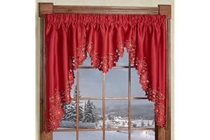 Touch of Class Christmas Poinsettia Luxury Window Treatment | Elegant Rich Red Polyester Satin 2 Piece Holiday Window Valance Set with 38 inch Long Swag and Ascot Valance