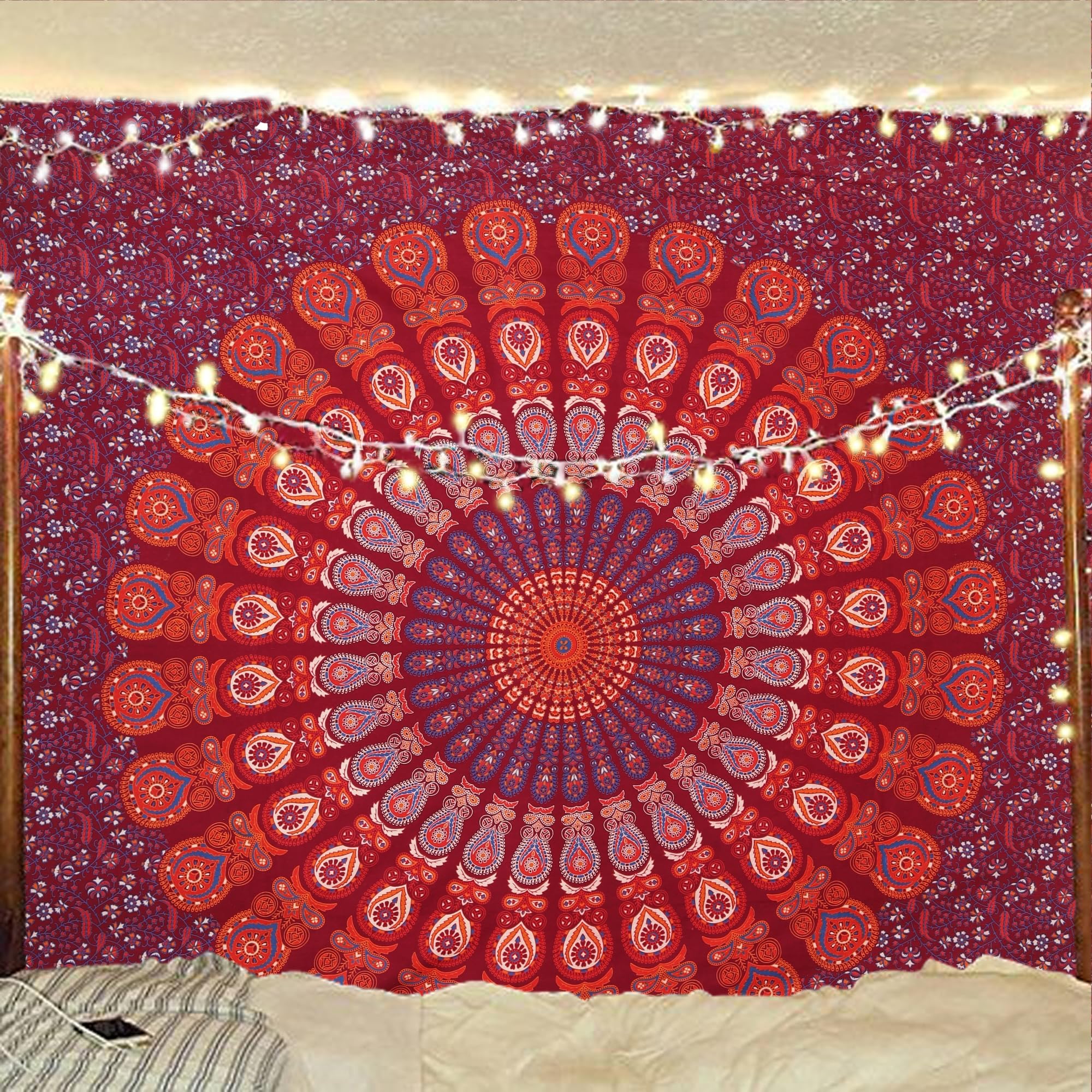 Bless International Indian hippie Bohemian Psychedelic Peacock Mandala Wall hanging Bedding Tapestry (Blue Red, 264.16L X 223.52W cm)