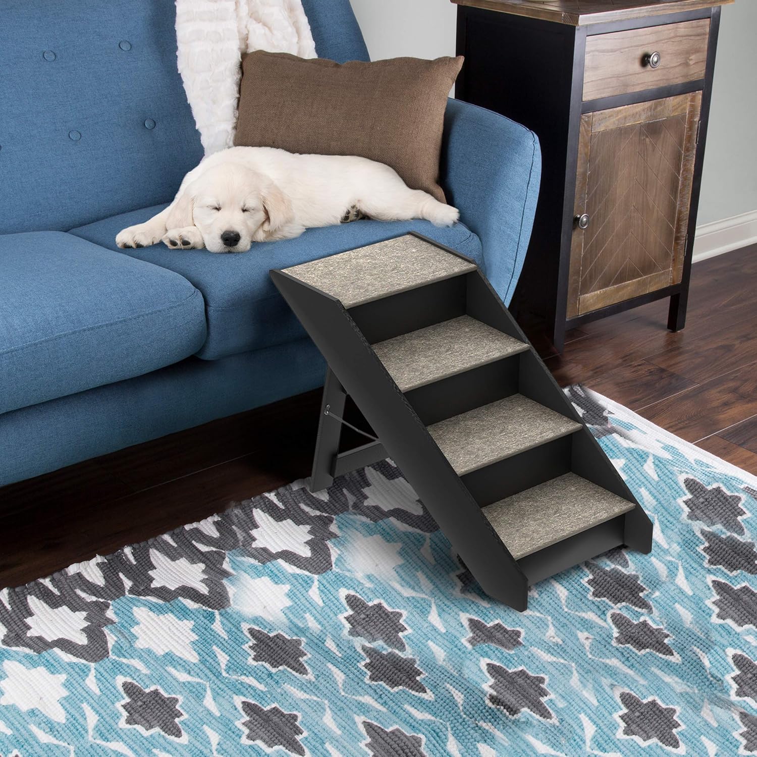 PETMAKER 80-PET6147 Folding Pet Stairs-Carpeted Foldable Durable Wood Steps-Compact, Portable, Sturdy for Home or Travel, Dogs, Cats, Petsup to 80Lbs, 4 Step : Pet Supplies