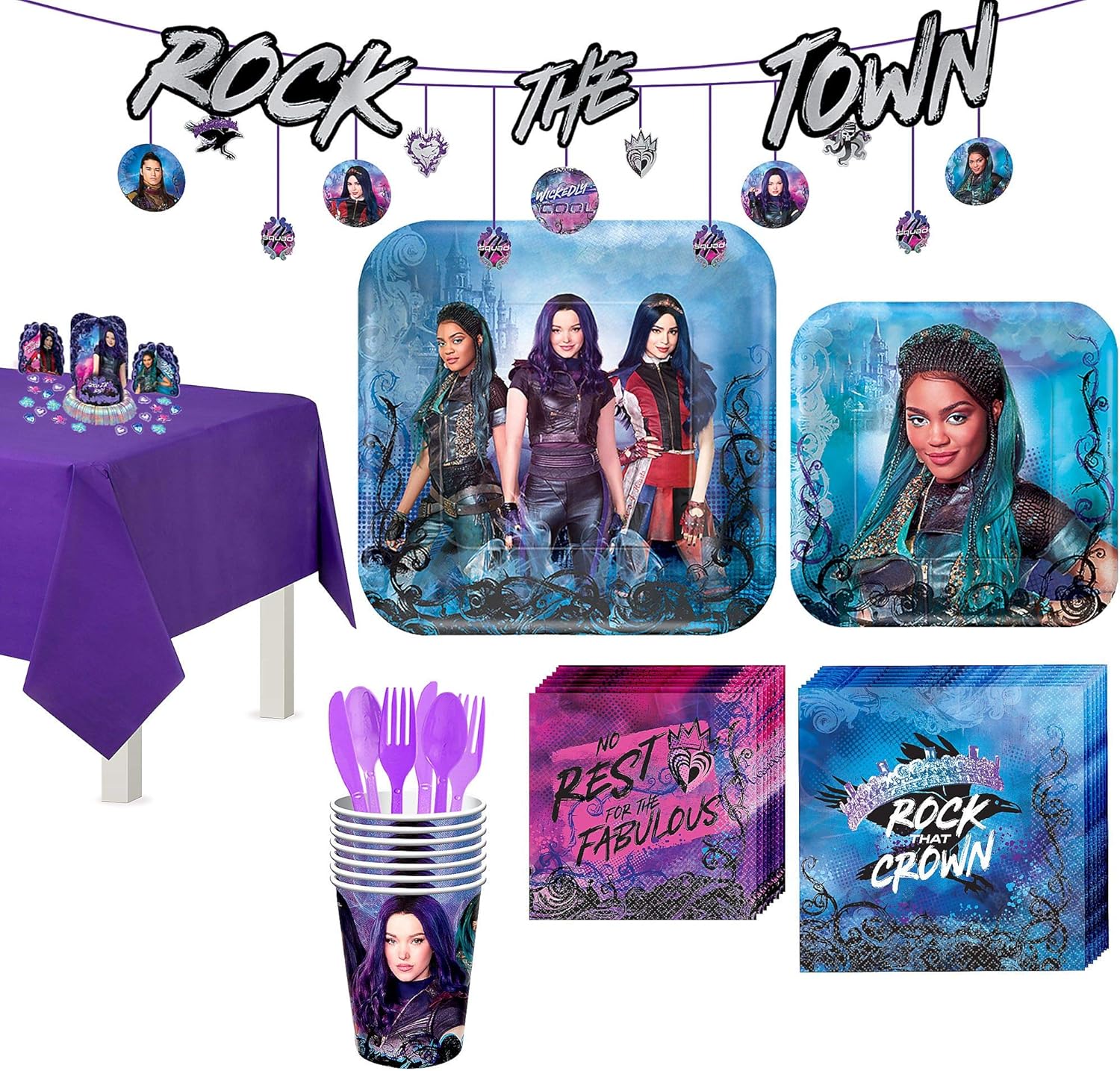 Amazon Com Party City Super Descendants 3 Tableware Supplies For 8 Guests With Table Cover Banners And More Kitchen Dining