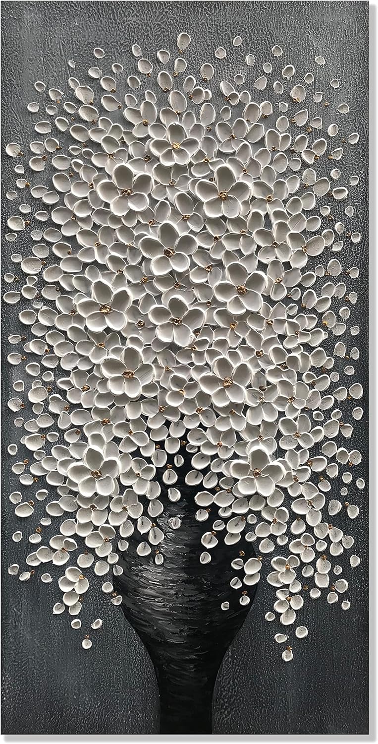 Paintings - Alenoss 100% Hand Painted Abstract Oil Paintings 24x48 Inches White Floral Modern Canvas Wall Art Decorative 3D Vertical Paintings Wall Decorations for Dining Room Hallway Wall Decor