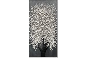Alenoss 100% Hand Painted Flower Oil Paintings 24x48 Inches White Floral Abstract Canvas Wall Art 3D Vertical Art Wall Decorations for Dining Room Hallway Wall Decor