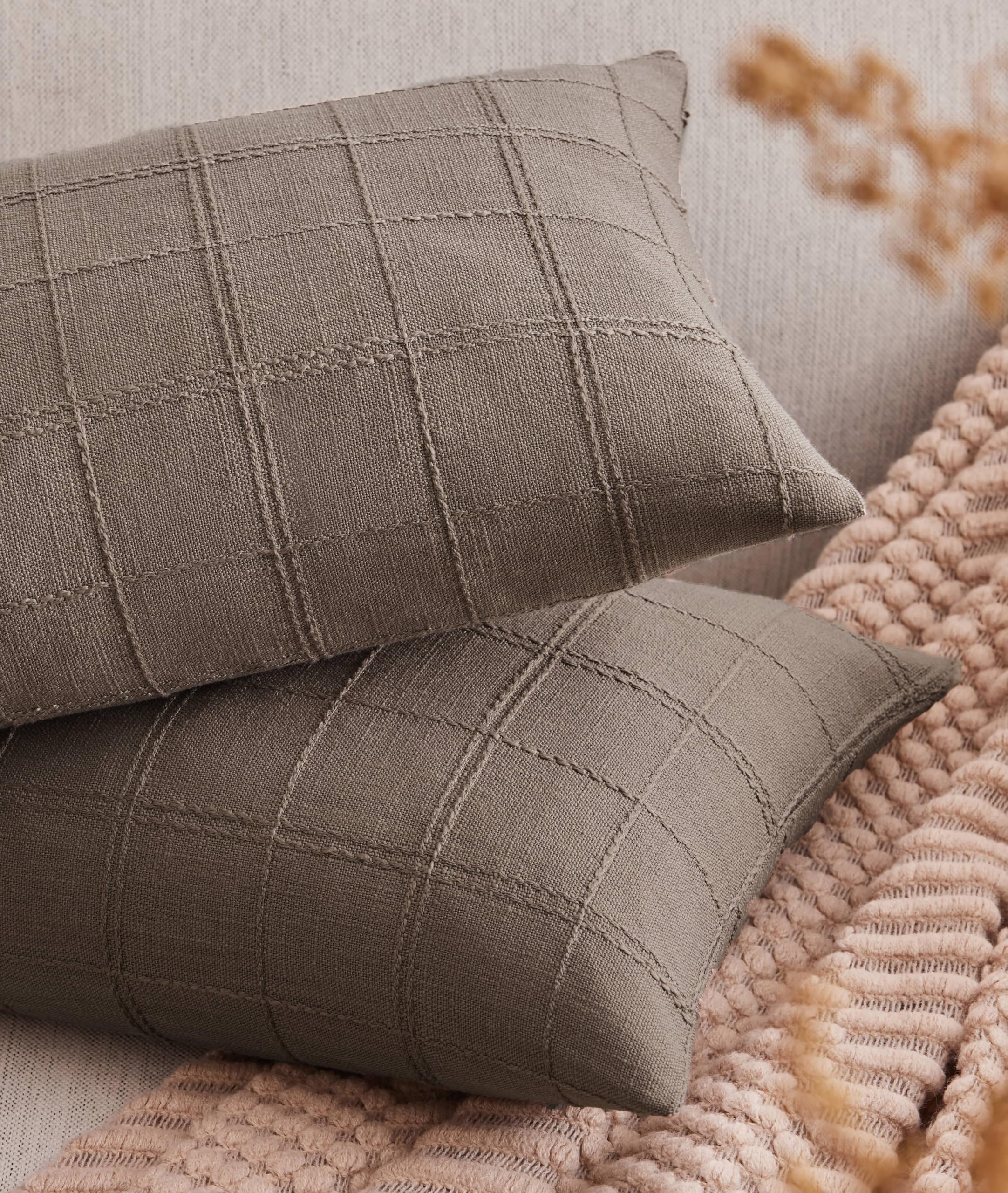 Photo 1 of ZeeMart Linen Checked Lumbar Throw Pillow Covers Set of 2, 12x20 Inch Allover Grid Cocoa Brown, Farmhouse Decorative Double Sided Grid Embroidered Couch Pillow Cases Brown Cotton Linen Cushion Covers