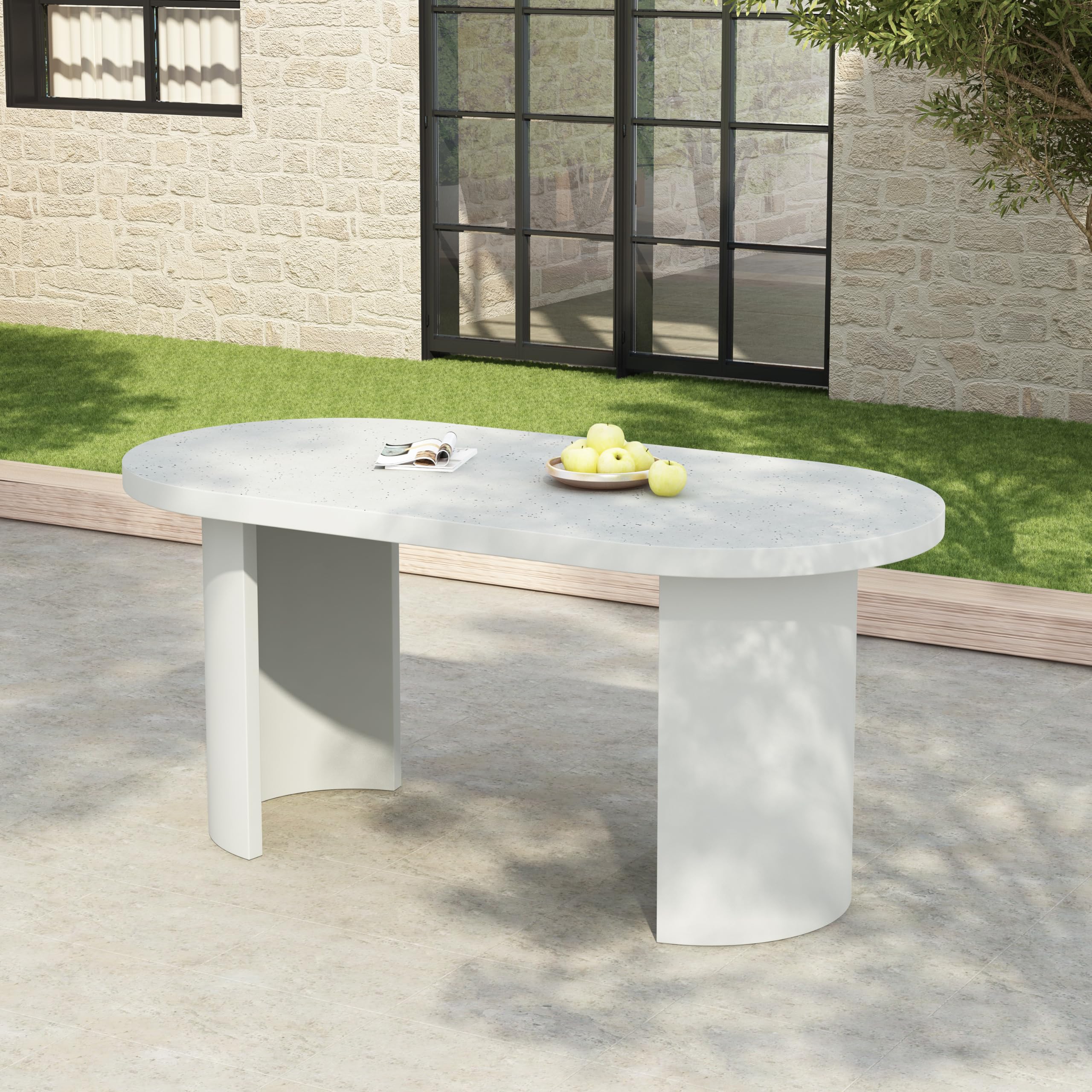 Photo 1 of *** BOX ONE OF TWO ONLY***Christopher Knight Home Alan Modern Minimalist Concrete Outdoor Dining Table with White Terrazzo Tabletop, Oval Top Dining Table for 6, Pedestal Kitchen Table, Ideal for Family Gatherings, White