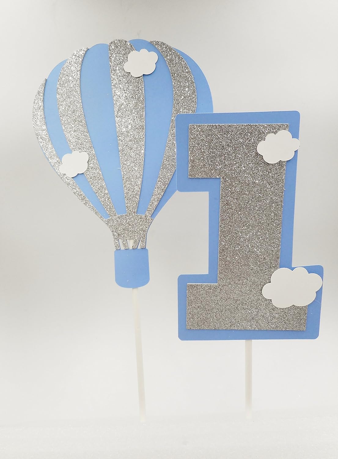 One and Hot Air Balloon Cake Topper, Silver and Blue First