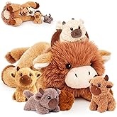 Easfan 5PCS Highland Cow Stuffed Animal 16" Lying Mommy Cow with 4 Baby Cows Inside,Realistic Fluffy Scottish Plushie for Baby Girls, Boys, Toddlers & Kids