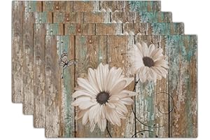 Giwawa Rustic Daisy Board Placemats- White Sunflowers on Vintage Wood Plank Linen Table Place Mat- Farmhouse Wooden Non-Slip Heat Resistant Table Mats for Dining Kitchen Cabin Lodge Decor