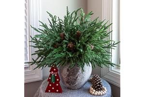 HyeFlora 12PCS Christmas Norfolk Pine Stems, Real Touch 17 Inches Artificial Norfolk Pine Branches with 5 Big Pinecone Stems Faux DIY Greenery Pine Picks Plastic for Indoor Outdoor Home Décor