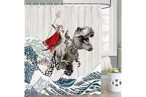 JAWO Funny Cat Shower Curtain, Japanese Ocean Wave Cat Riding Dinosaur Shower Curtain Nautical Kids Children Rustic Wooden Farmhouse Fun Shower Curtains, 72X72inch