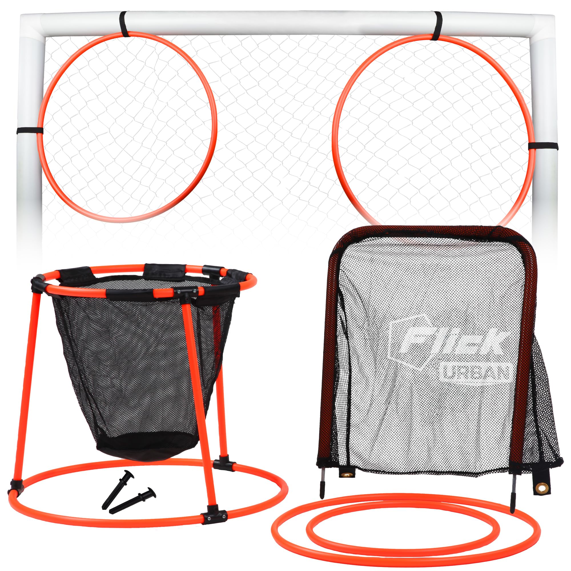 Football Flick Urban Skills Set – 4-in-1 Football Target Set with Mini Goal, Corner Targets & Basket Net – Training Equipment & Garden Games, Black/Orange