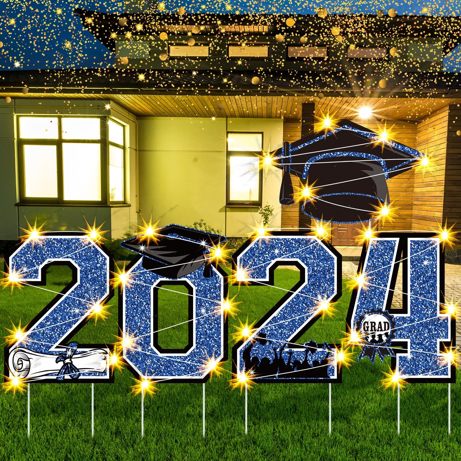 Photo 1 of Yalikop 5 Pcs Glow 2024 Graduation Yard Sign with LED Light Outdoor Graduation Decorations Congrats Grad Yard Sign Class of 2024 Waterproof Graduation Lawn Signs with Stakes for Party Decorations,Blue