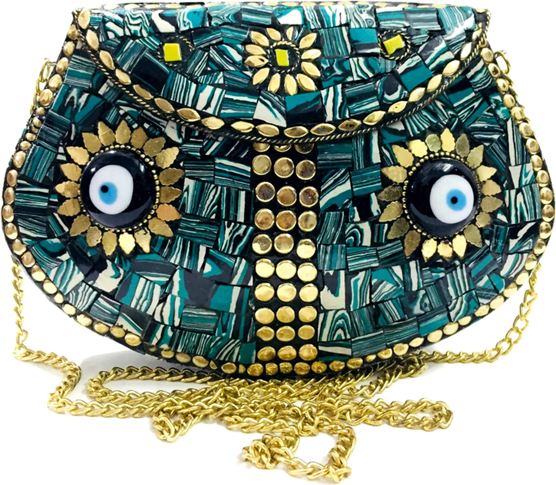 feng shui Eye stone mosaic metal bag antique ethnic bridal clutch Indian purse party clutch women bag
