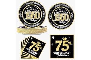 algpty 60 PCS Vintage 75th Birthday Plates and Napkins Set, 75th Birthday Decorations Black and Gold, Service for 30, 1950 Birthday Dessert Plates and Napkins Party Supplies for Men Women