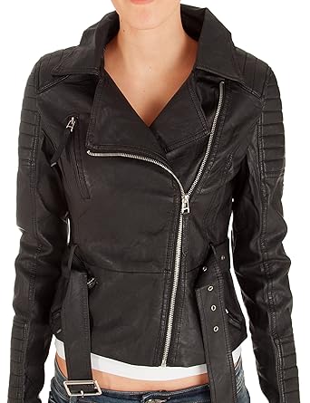 Fraternel Damen Bikerjacke Kunstlederjacke schwarz