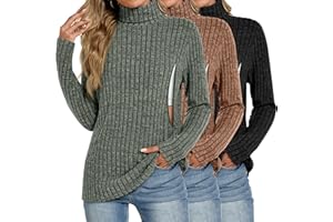 Velvelhall 3 Pack Women Turtleneck Nursing Tops, Breastfeeding Maternity Shirts Long Sleeve Ribbed Sweaters with Hidden Zips