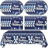 Navy Blue and Sliver Birthday Decorations Happy Birthday Party Tableware Set Happy Birthday Tablecloths and Plates Napkins Party Dinnerware for Men Women Kids Birthday Party Supplies
