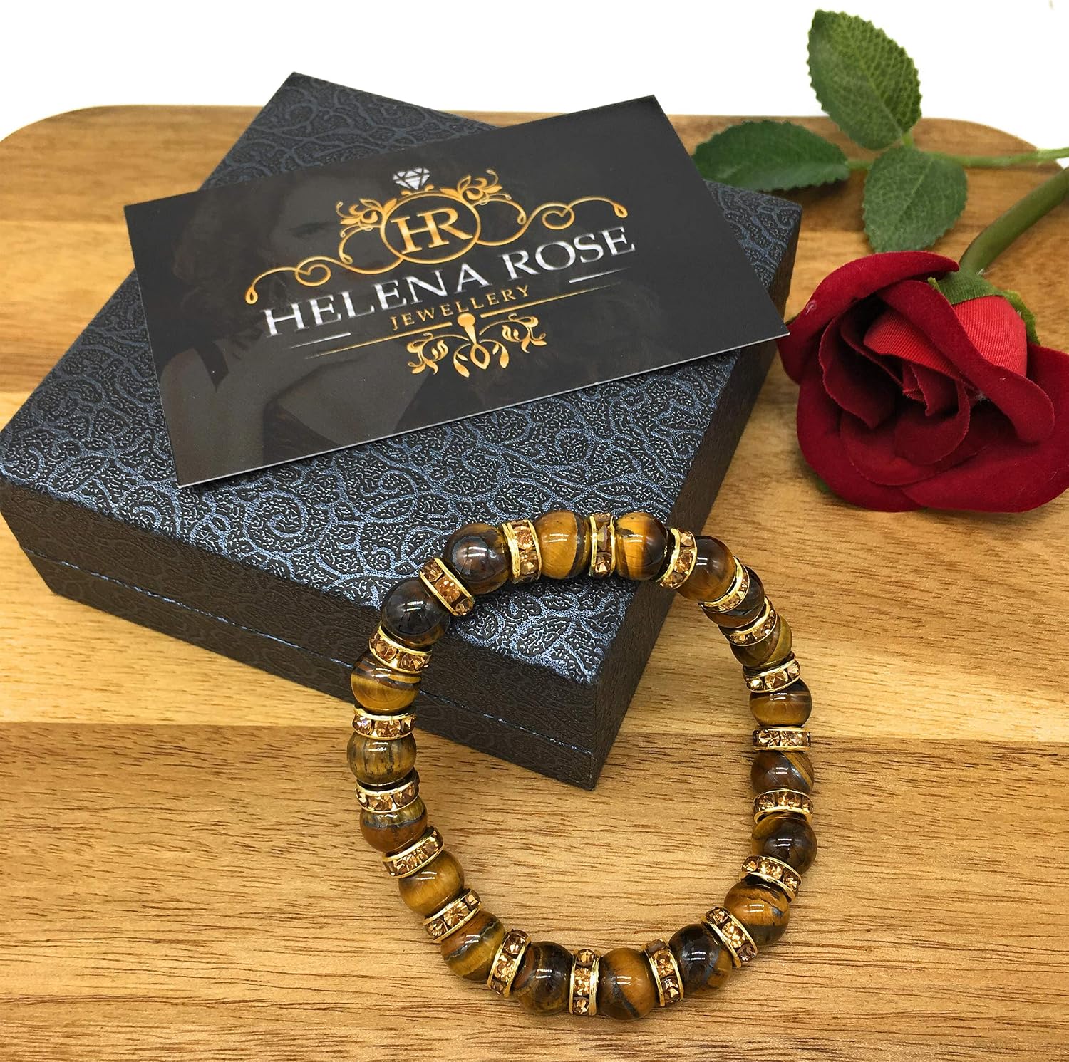 Helena Rose Ladies Bracelet For Women- Natural Tigers Eye Semi Precious Stones & Sparkling Rhinestone Golden Crystals - Image 5