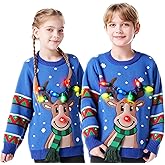 JOYIN Ugly Christmas Sweater Women Men Couples, LED Light Up Ugly Christmas Sweater Kids 2025 Reindeer(Blue