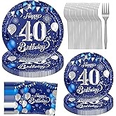 JESTAR 40th Birthday Decorations for Men, 96PCS Blue 40 Years Old Paper Plates, Napkins, Forks, Happy 40th Birthday Party Tableware Supplies