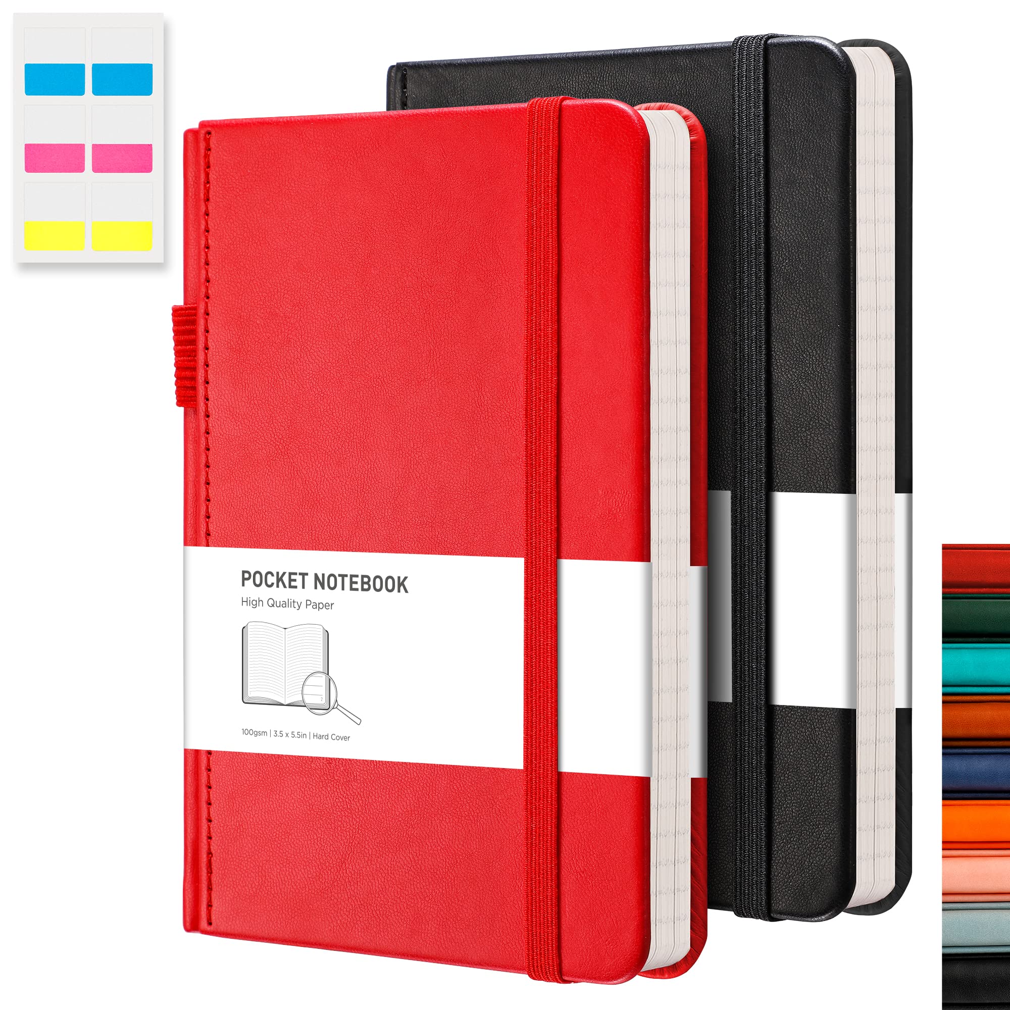 RETTACY Pocket Notebook A6 Mini Notepad 2 Pack Small Hardcover Journal with Content,312 Numbered Pages, 2 Inner Pocket, 100gsm Lined Paper 8.5 x 14 cm - Black Red