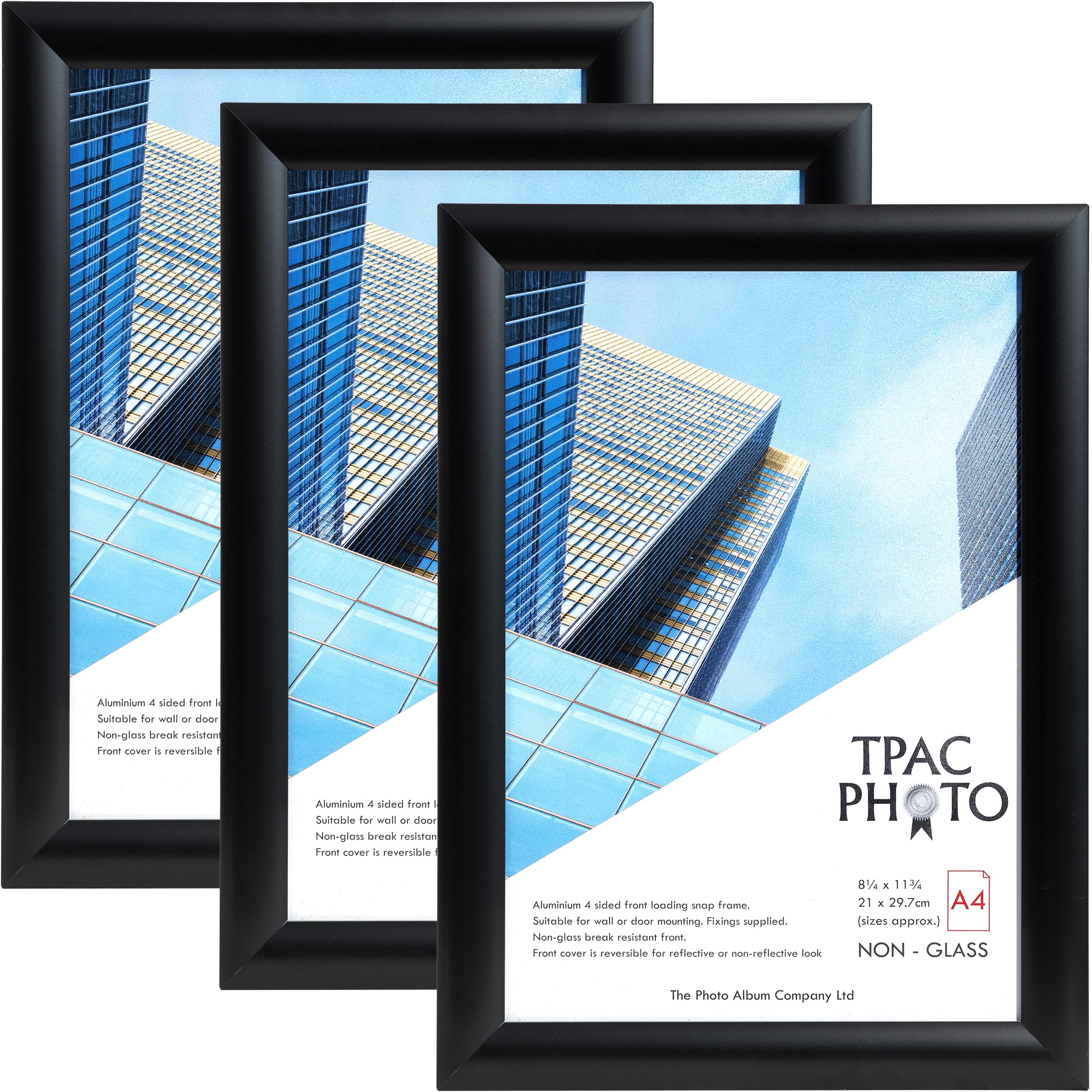 The Photo Album Company Limited | Snap Frame | A4 (21x30cm), Black, Pack of 3, Satin Finish, Aluminium, Wall Mount | Acrylic Front, Rectangular Shape, Metal Construction