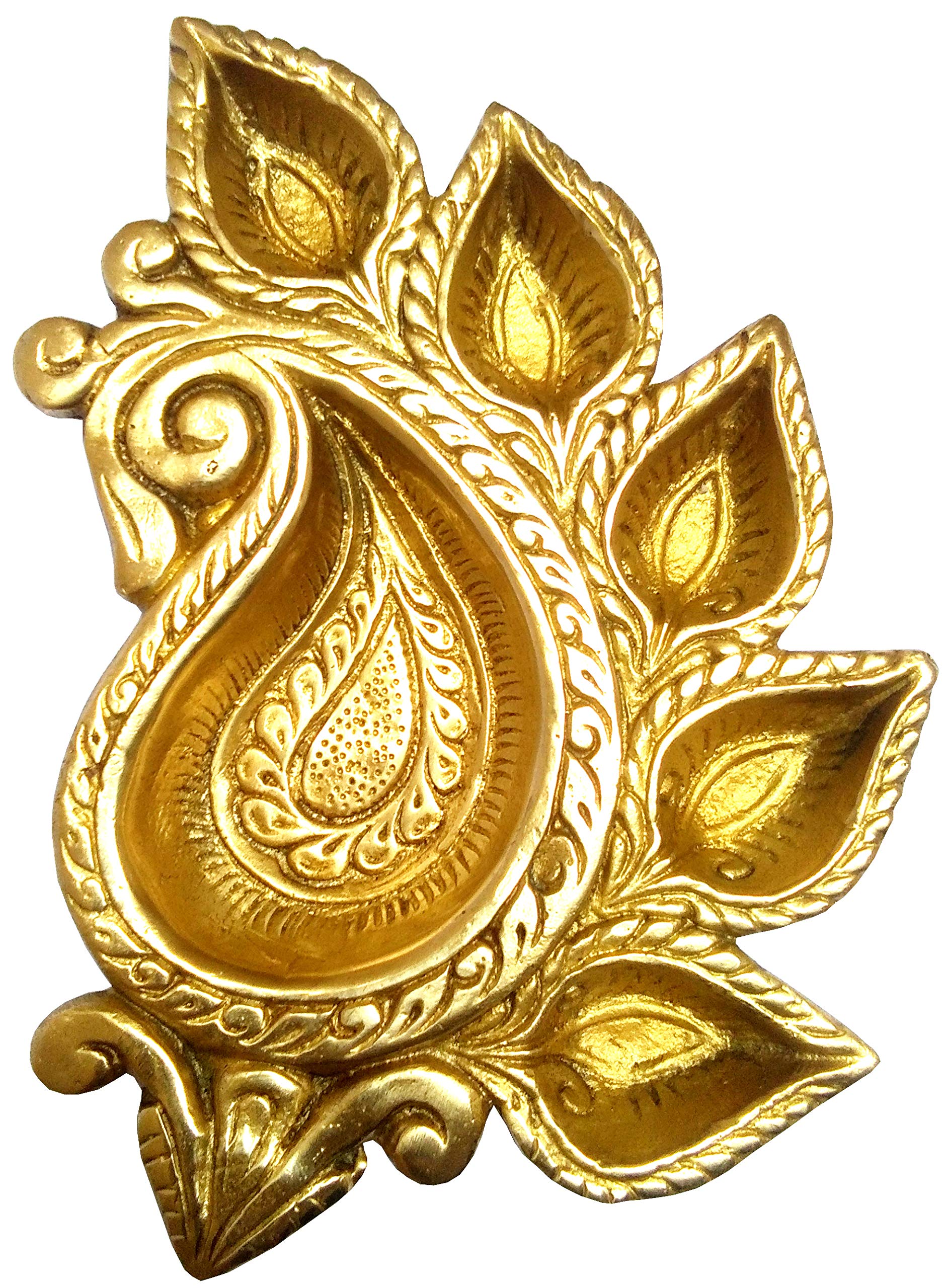 Purpledip Royal Collection Brass Platter: Home Temple Oil Lamp with 5 Diya (11432)