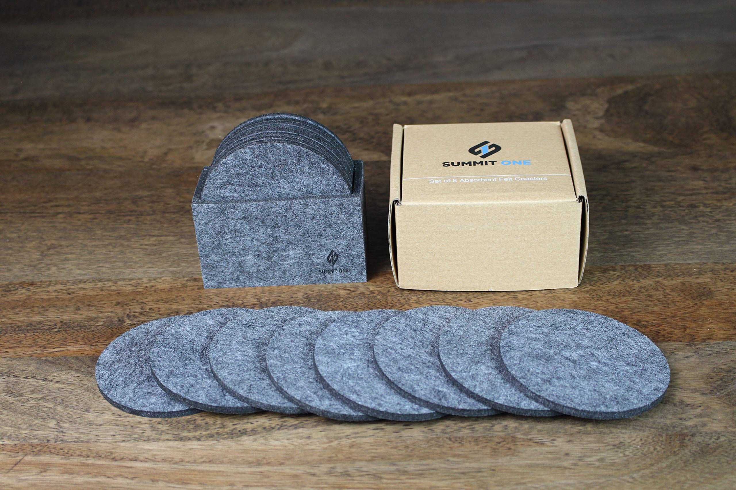 Summit One Premium Felt Absorbent Coasters, Set of 8 (4 Inch Round, 5mm Thick) - Super Absorbent Coasters For Drinks - Includes Matching Felt Coaster Holder in Gift Box
