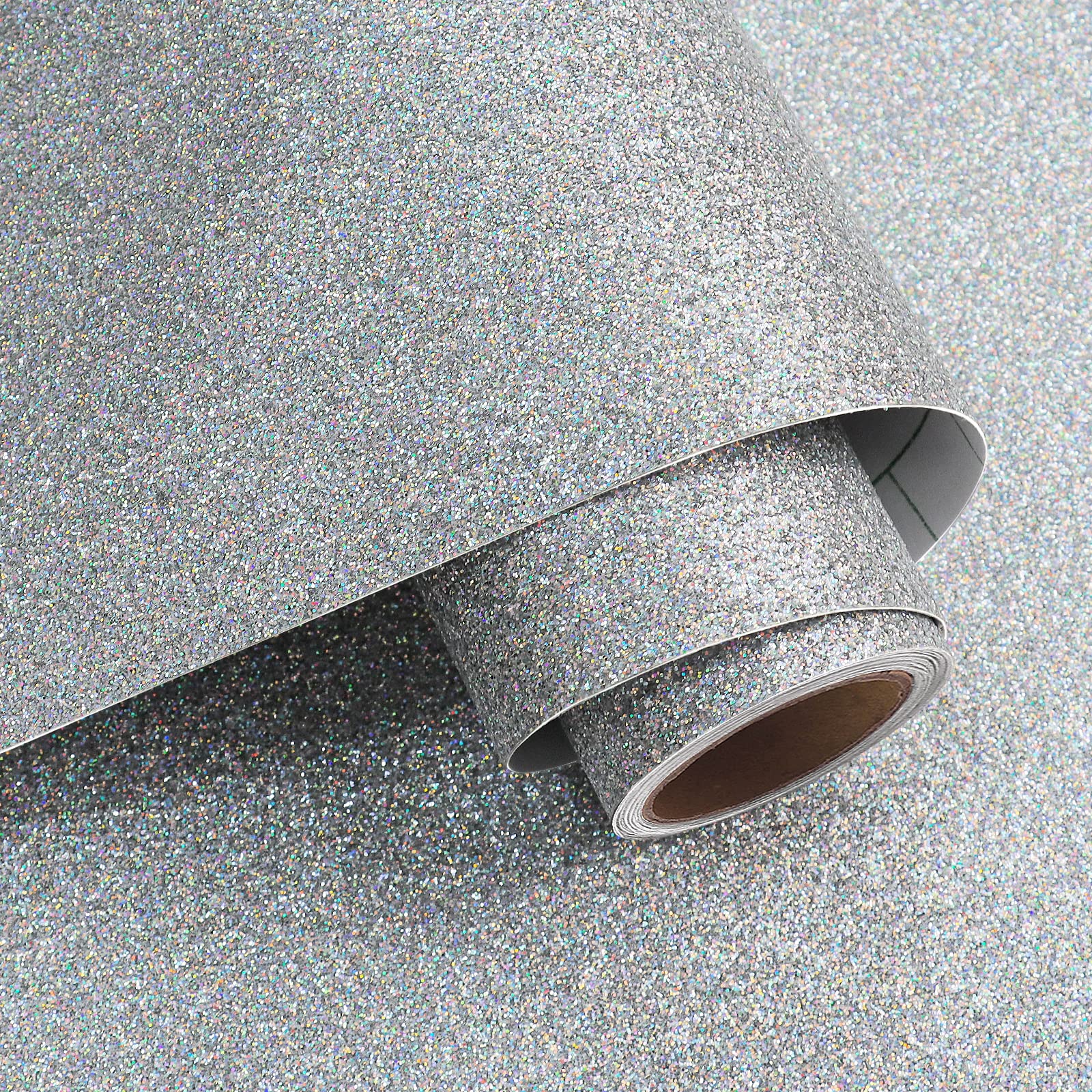 VaryPaper Peel and Stick Silver Glitter Wallpaper Glitter Contact Paper 40cmx200cm Thick Lining Paper for Wall Furniture Vinyl Wrap Sticky Back Wallpaper for Living Room Bedroom DIY Gift Wrapping