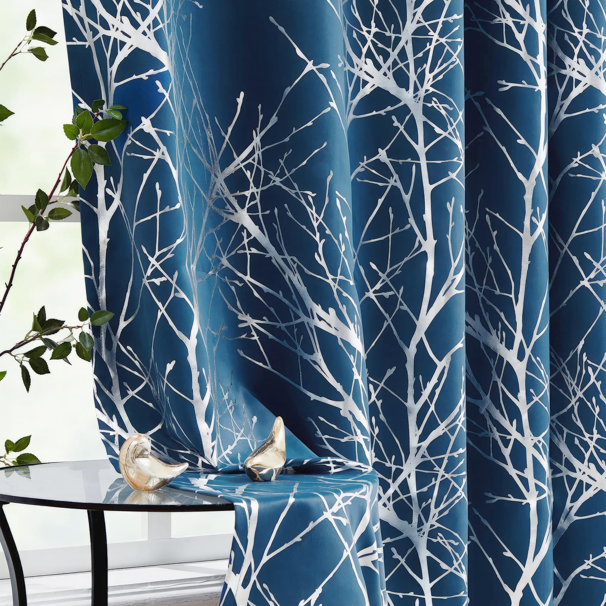 Fmfunctex Metallic Tree Blackout Curtains Bedroom 84-Inch Long Blue Living-Room Branch Print Curtain Panels Triple Weave Thermal Insulated Drapes for Windows Dorm Hotel Grommet Top, Navy 2Panels