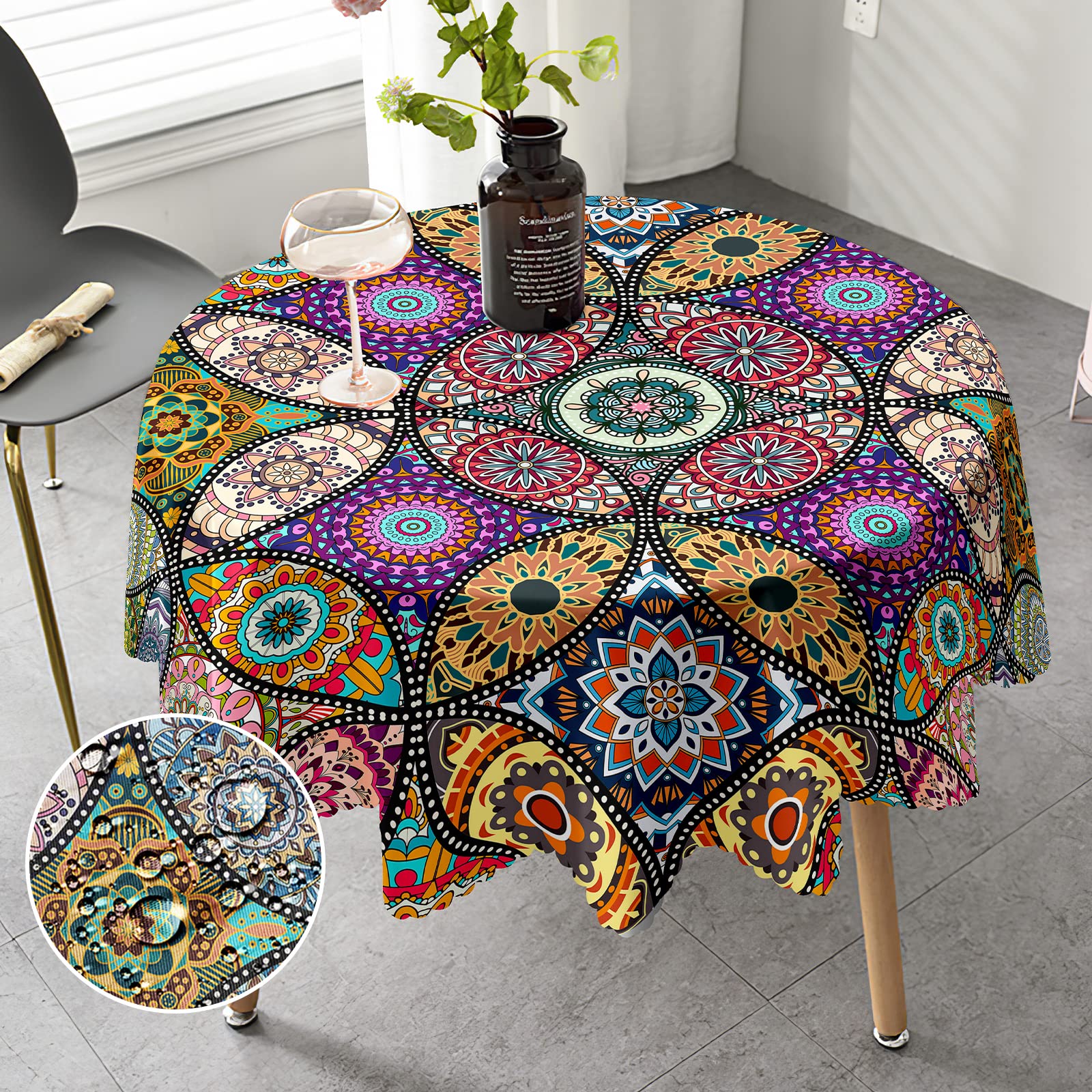 iEvery Round Tablecloth 150cm Boho Wipeable Tablecloths Polyester Wipe Clean Table Cloth Waterproof Circular Table Cover for Home Dinning Kitchen Party Picnic Patio Outdoor