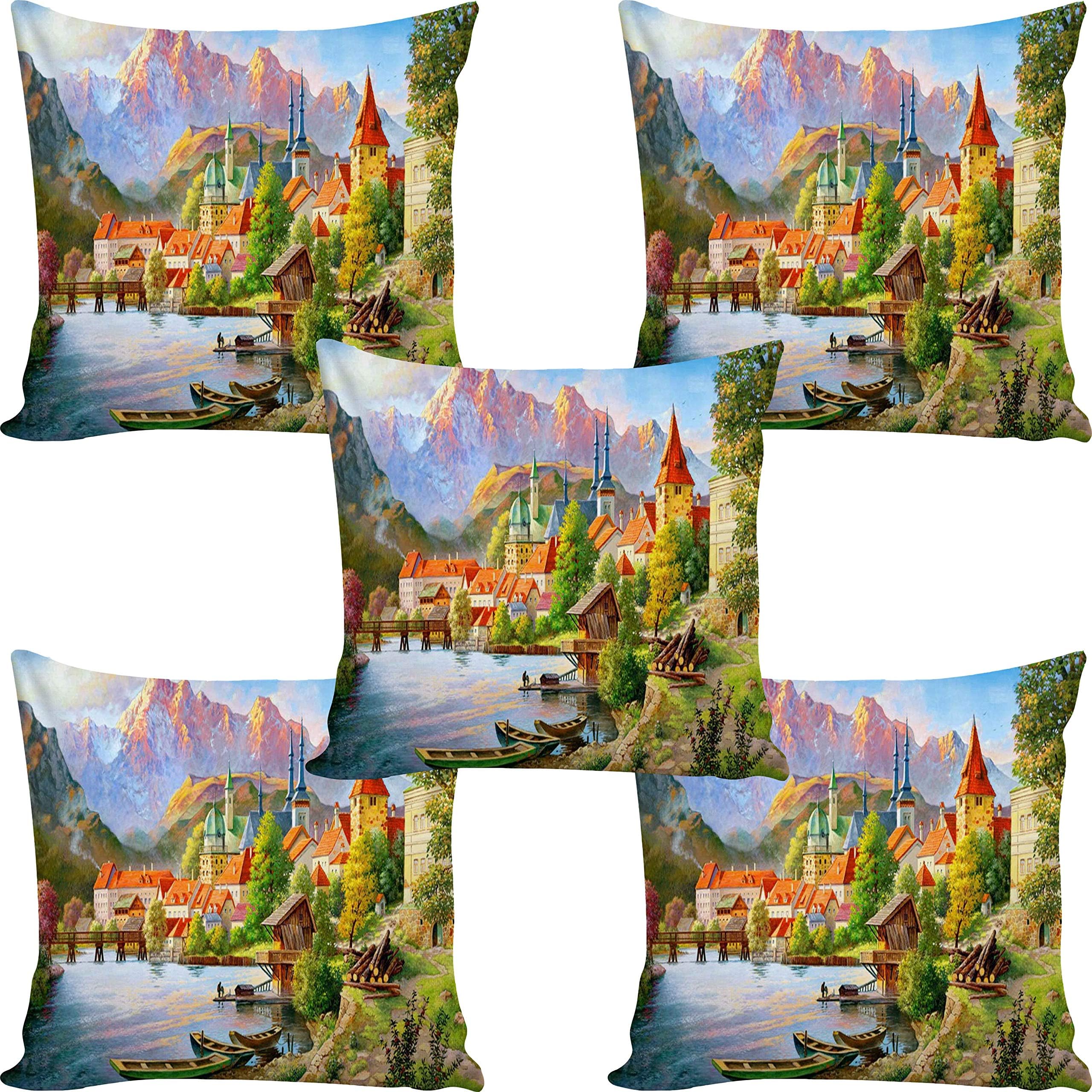 b7 CREATIONS 3D Digital Printed Satin Cushion Cover (16x16-inch) - Set of 5