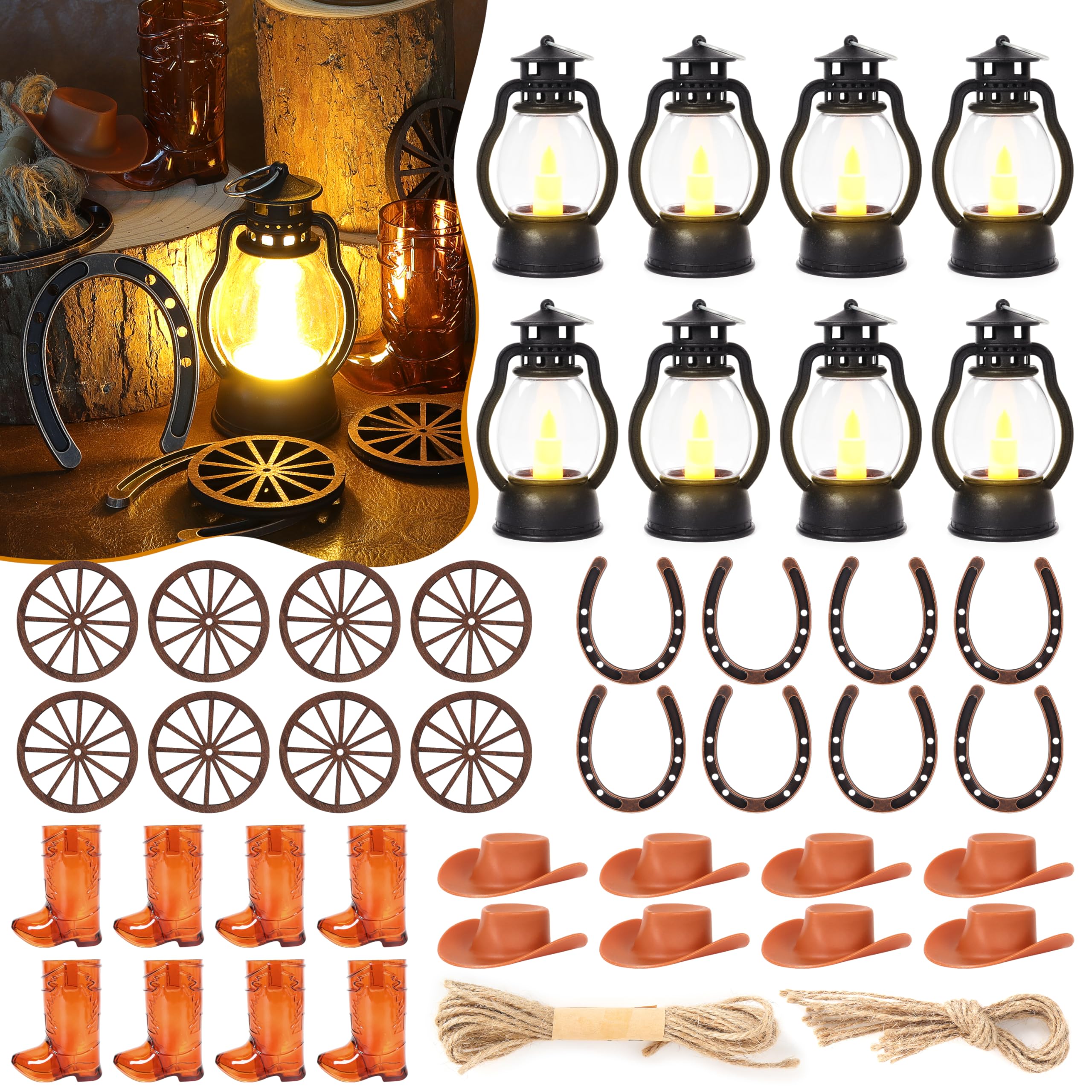 Photo 1 of Western Themed Party Decorations Set: Cowboy Table Centerpieces Decor Supplies - Lucky Horseshoe Mini Lantern Wooden Wagon Wheel for Wedding Birthday Gatherings